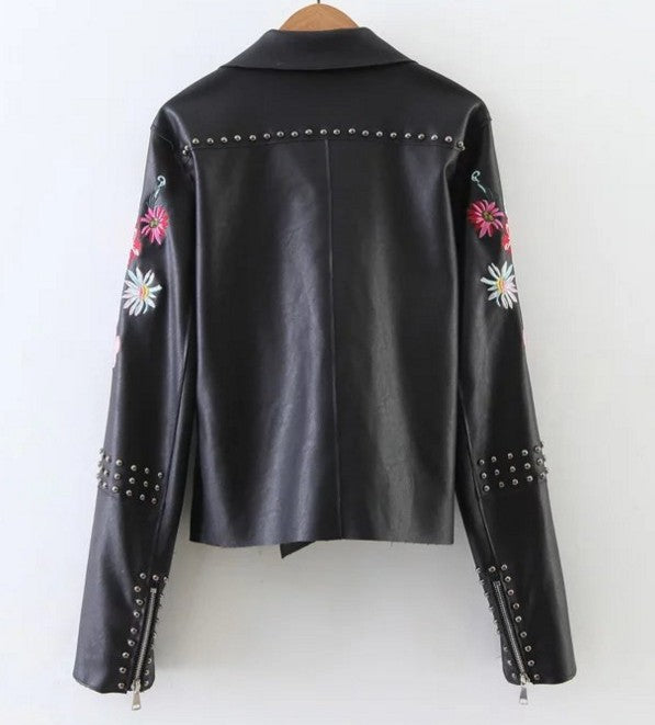 Autumn Winter New Embroidered Studded Leather Jacket
