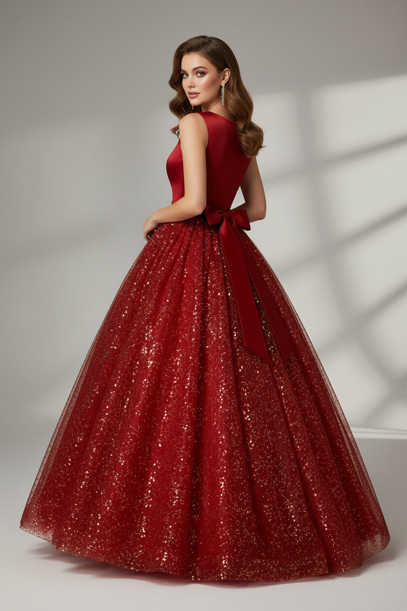 Red dress with a large bow on a white background