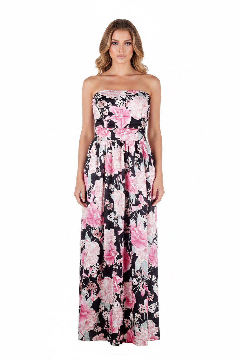 Floral strapless dress with pink and white flowers on a black background
