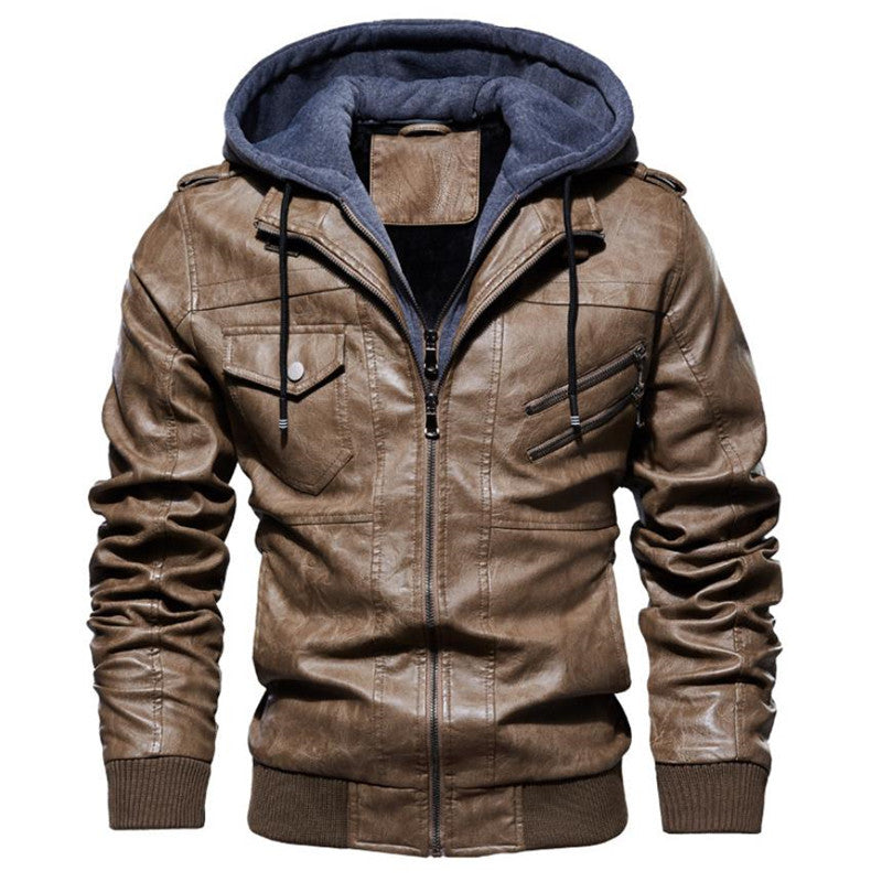 Plus Size PU Washable Hooded Leather Jacket with Zipper