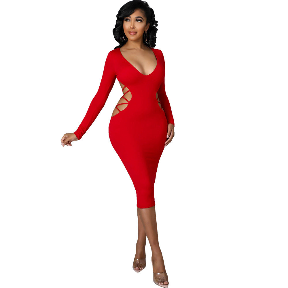 Evarisluxe Hollow Out V-Neck Dress