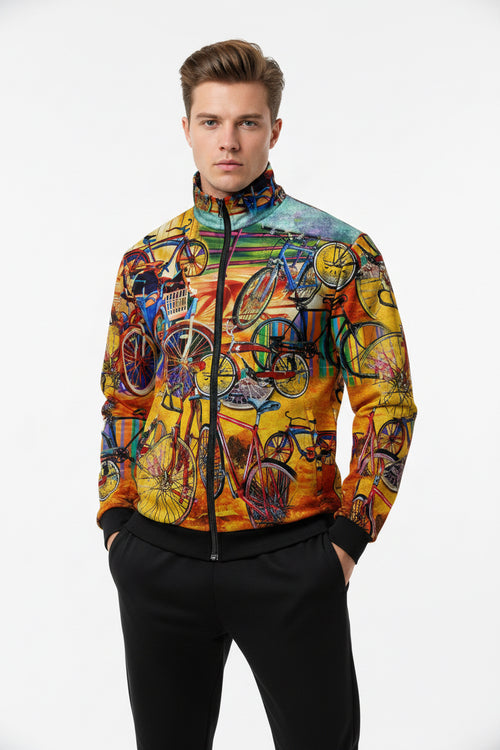 Colorful jacket with bicycle pattern on a white background