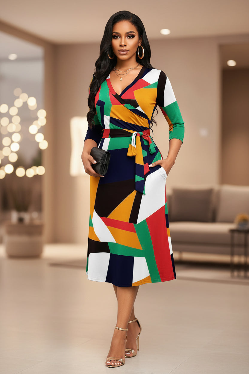 Colorful geometric patterned dress worn by a model on a white background