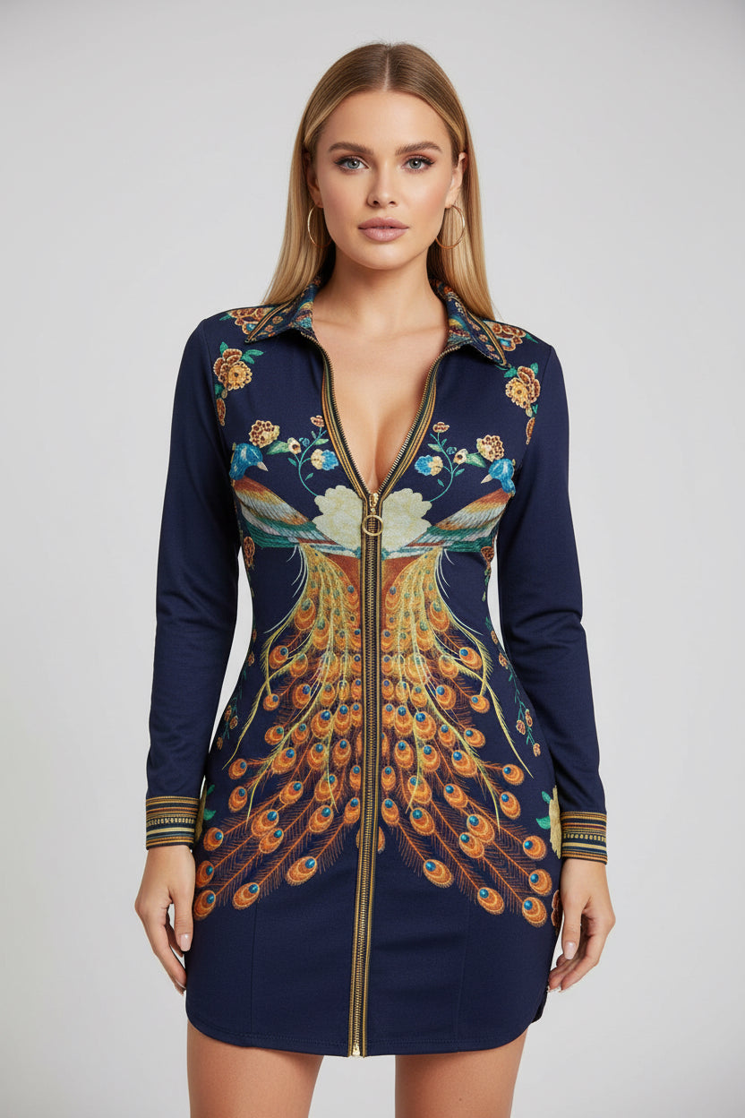 Woman wearing a navy blue dress with floral and peacock feather pattern.