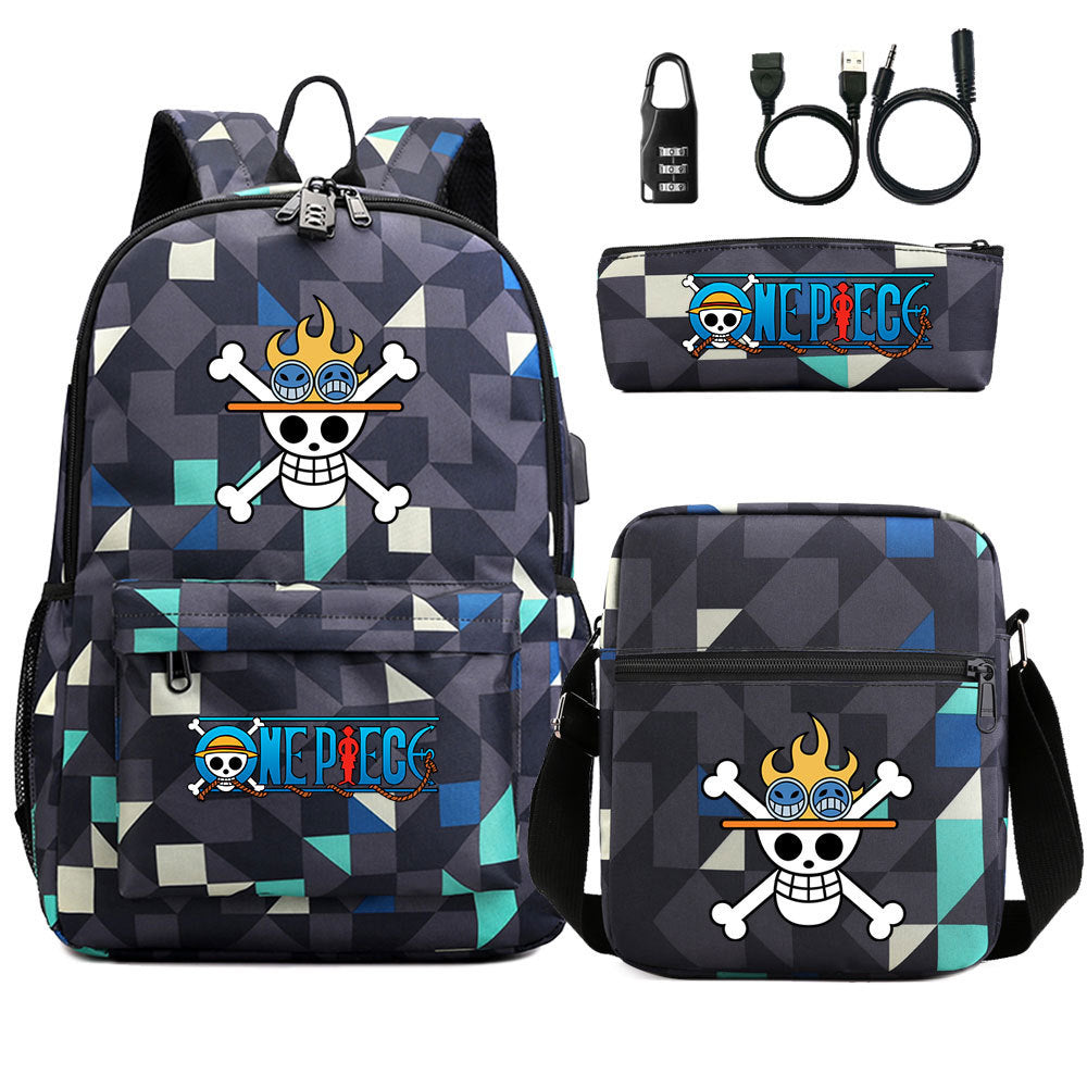 Cartoon One Piece USB Password Lock Backpack Set