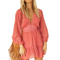 Coral Red Deep V-Neck Sheer Mini Dress for Spring/Summer