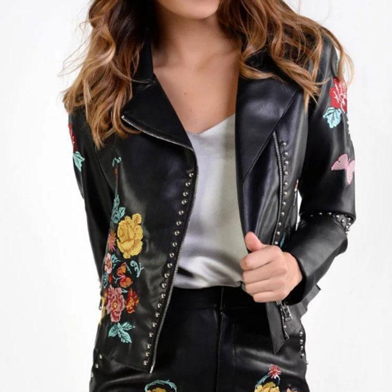 Autumn Winter New Embroidered Studded Leather Jacket