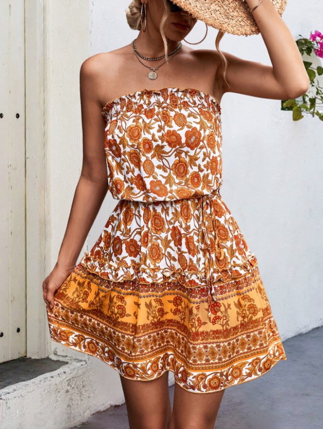 V-Neck Floral Print Summer Dress with Belt (Women)