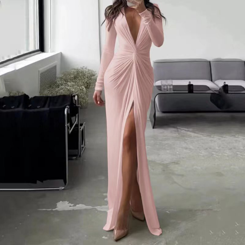 The Plissé Solid Long Sleeve Dress | Evarisluxe