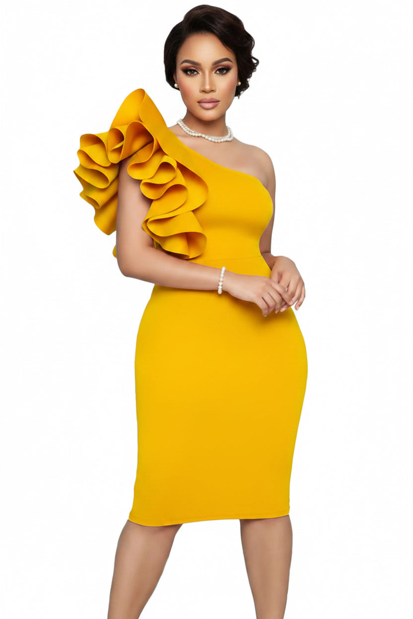 Yellow one-shoulder dress with ruffled detail on a white background