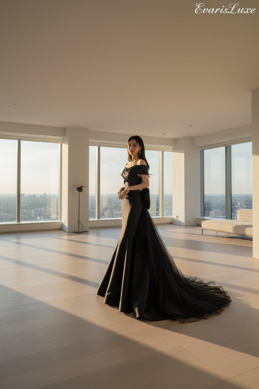 The Noir Prestige Princess-Sleeve Evening Dress | Evarisluxe