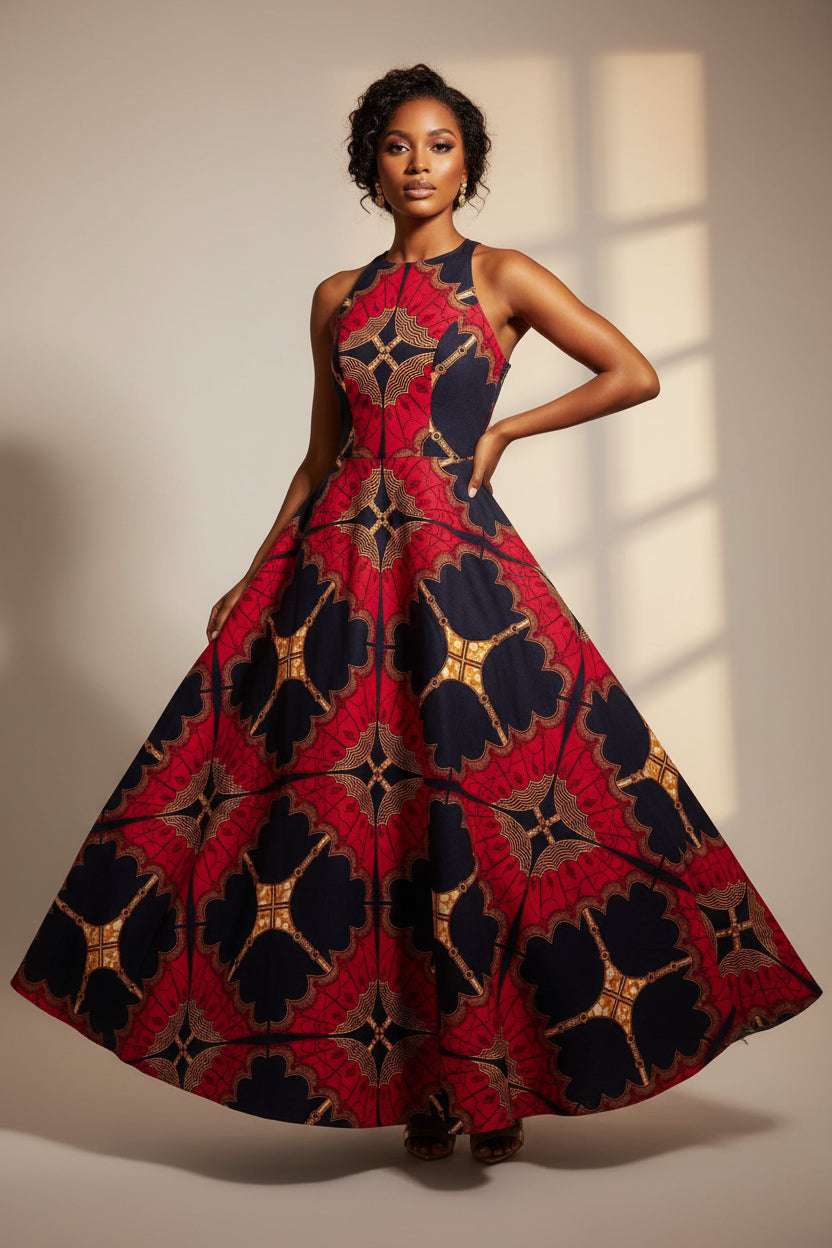 Red and black patterned dress on a white background