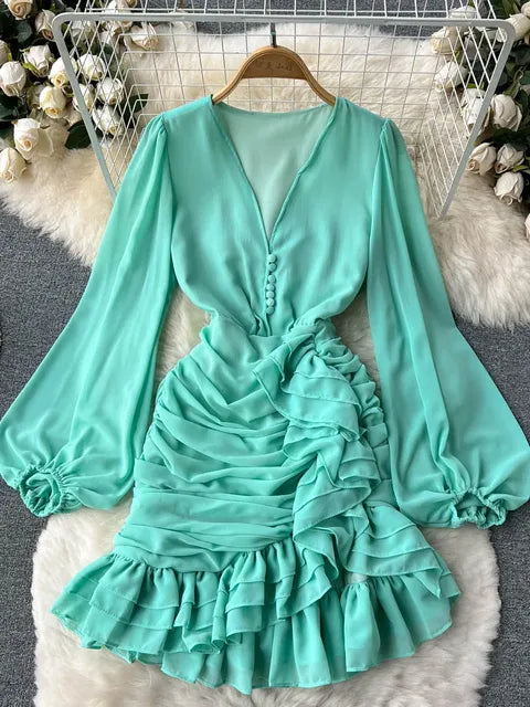 Early Spring V-Neck High-Waist Ruched Dress