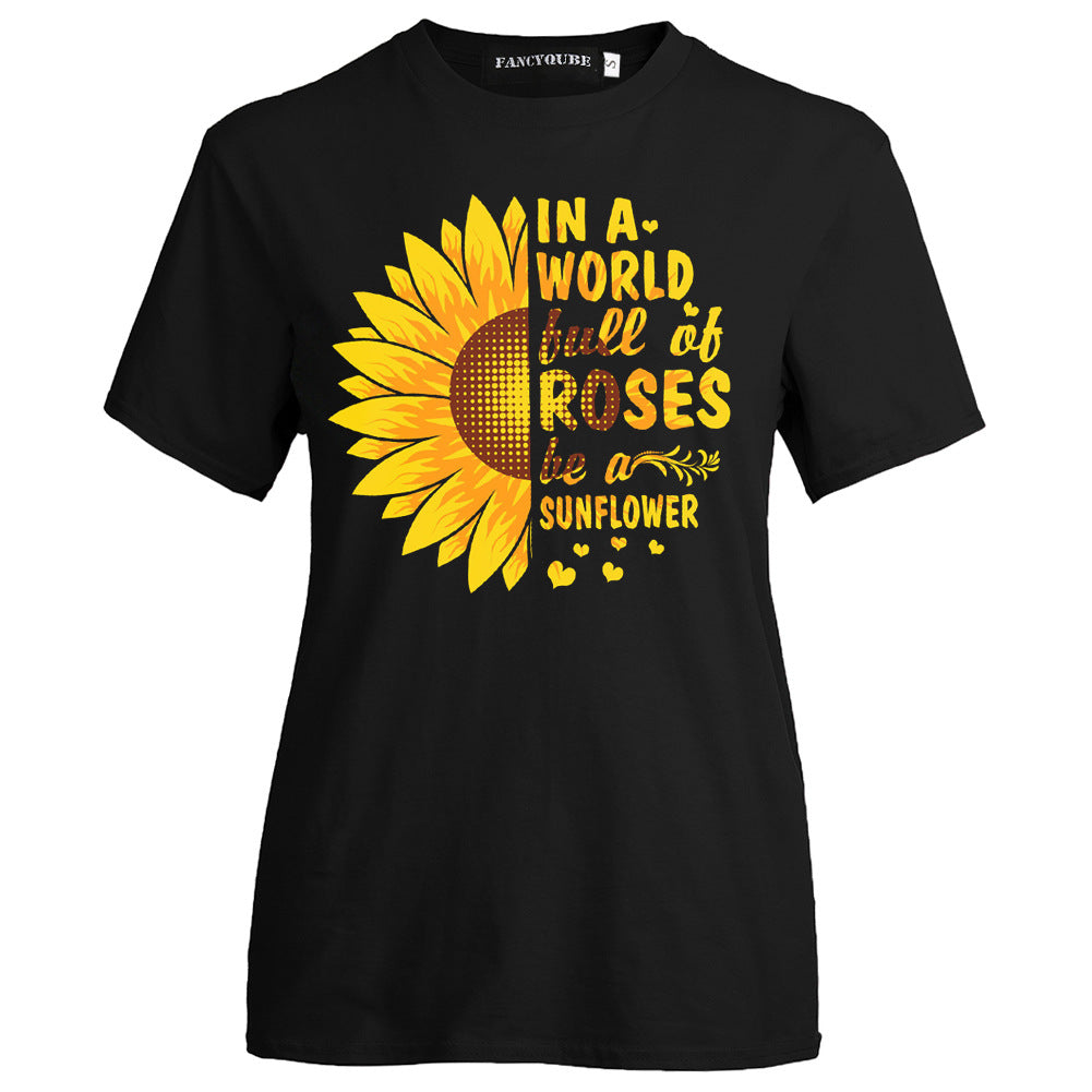 Summer Sunflower Letter Print Cotton T-Shirt for Women