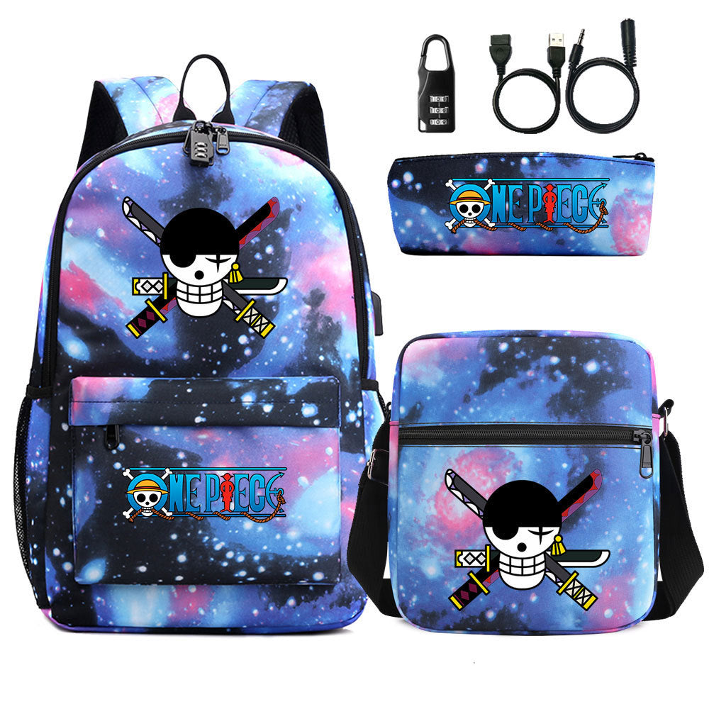 Cartoon One Piece USB Password Lock Backpack Set