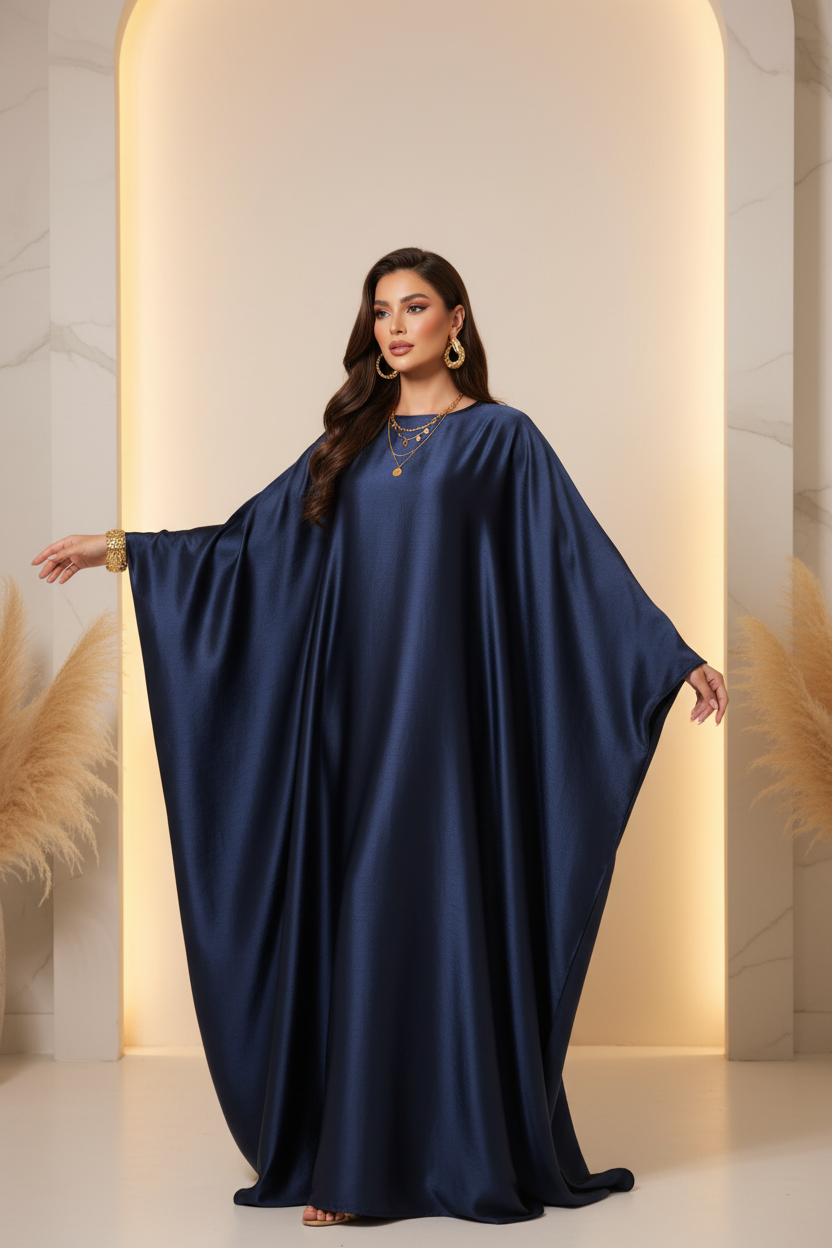 Navy blue abaya on a mannequin against a white background