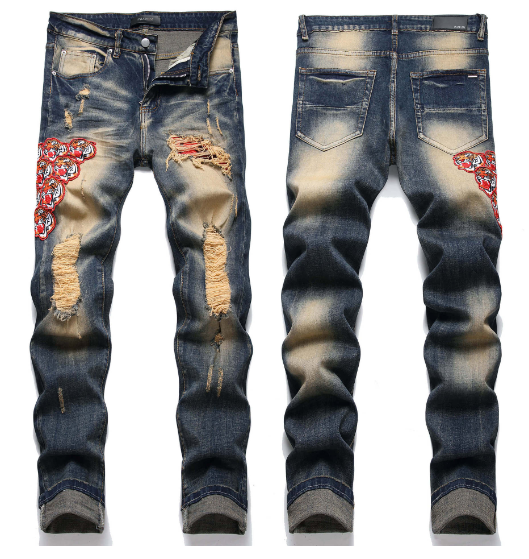Stylish Embroidered Ripped Denim Pants for Men
