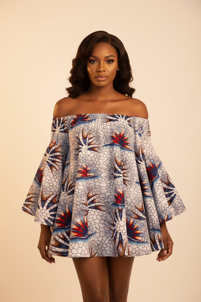 Skirt with a colorful geometric pattern on a white background
