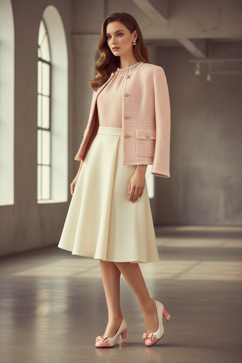 Pink high-heeled shoes with bow details worn by a person on a light wooden floor.