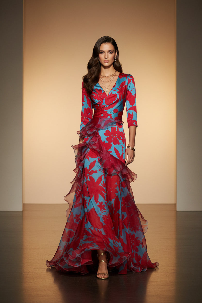Woman wearing a vibrant floral dress on a dark background