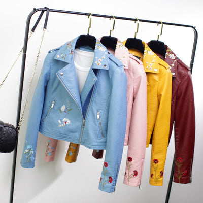 2018 Women's Korean Style Embroidered Leather Jacket