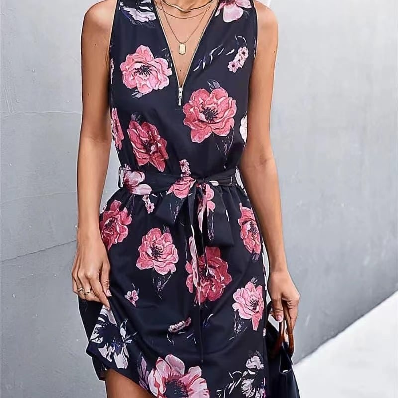 V-Neck Zip Dress for Women - Spring and Summer
