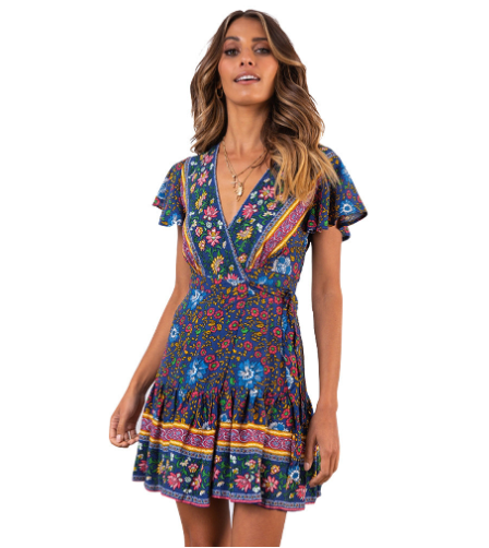 New Spring Summer Bohemian Print V-Neck Dress