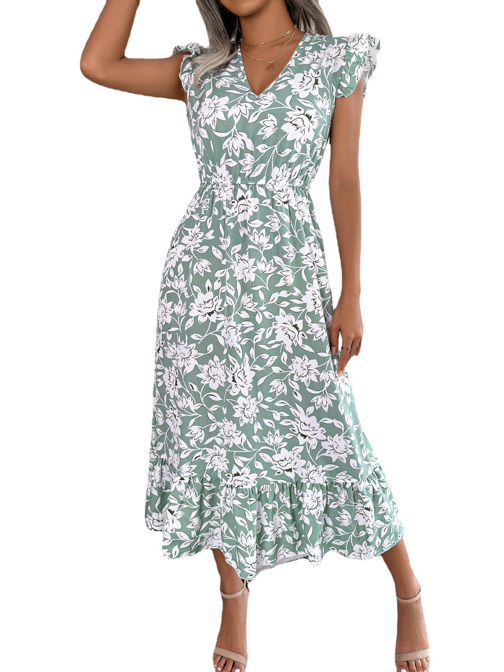 Spring Summer Casual Ruffle Floral Maxi Dress