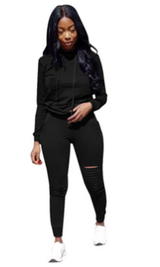 Women's Solid Color Floral Hoodie Two-Piece Set