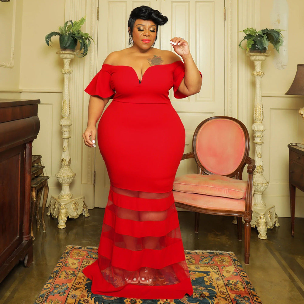 Evarisluxe Plus Size Mesh Puff Sleeve Gala Dress