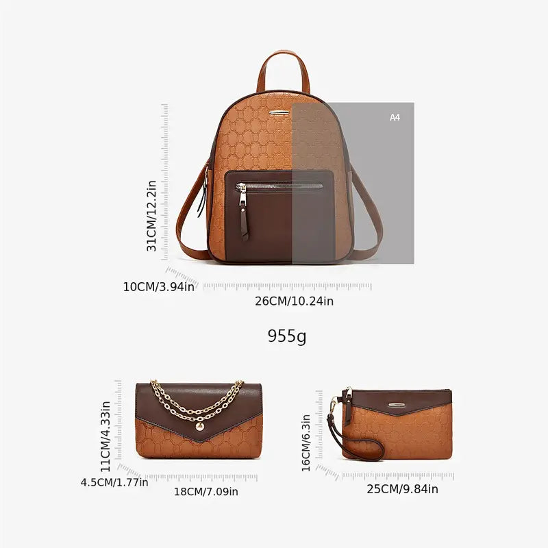 3-Piece Embossed PU Leather Backpack Set for Women