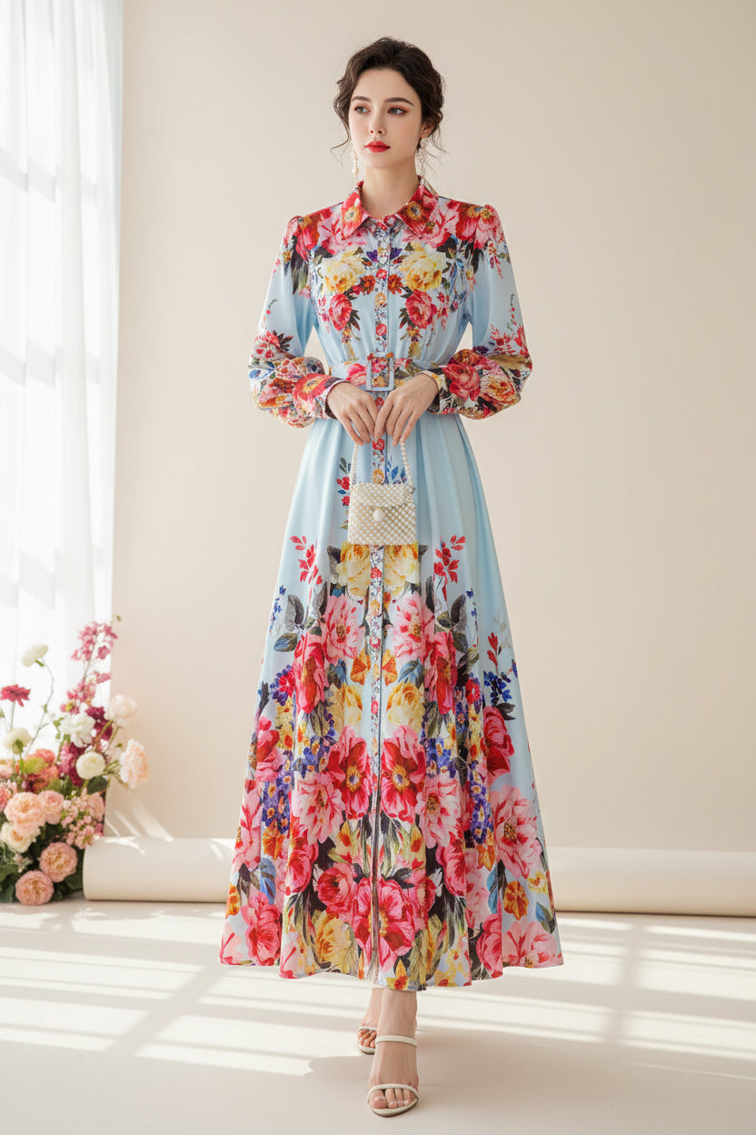Colorful floral dress on a textured surface with decorative elements