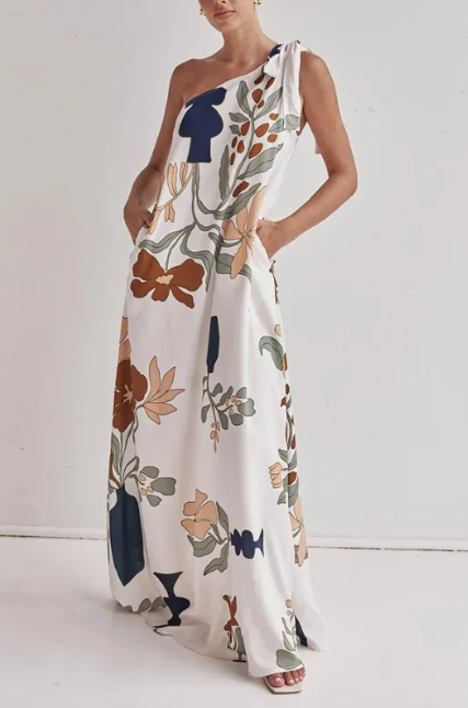 Oblique Shoulder Loose Printed Dress with Pocket – Summer Sleeveless Floral Dress (S–XL)
