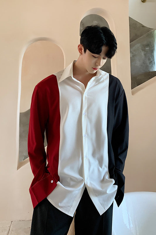 Color Block Loose Fit Long Sleeve Shirt for Men