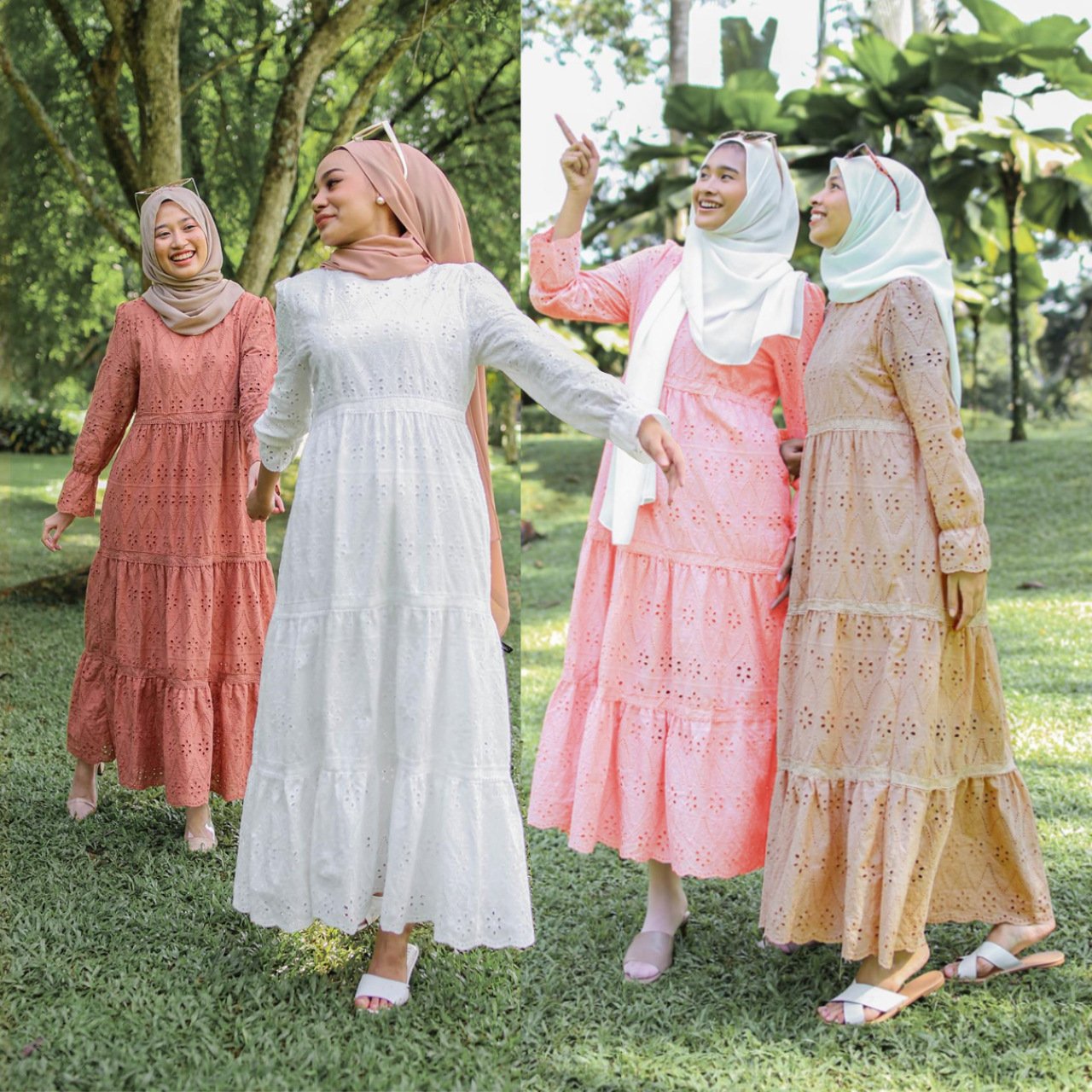Four women in colorful dresses and headscarves standing outdoors in a park.