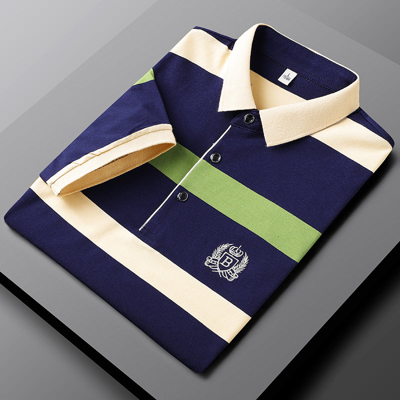 Men's Short-Sleeved Striped Cotton Polo T-Shirt