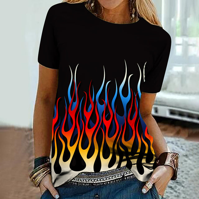 Colorful Flame 3D Print Oversized Summer T-Shirt for Women