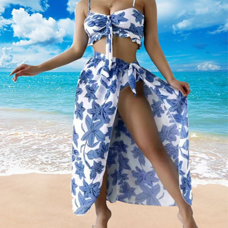 Floral Three-Piece Bikini Beach Dress Set