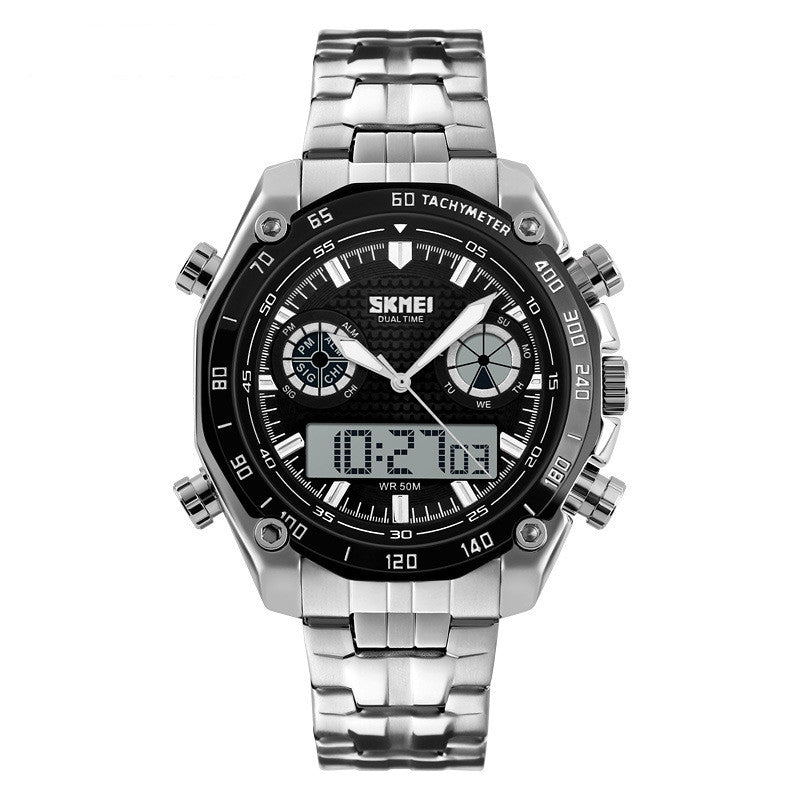 Large Dial Steel Band Men's Watch - Dual Display Business Watch