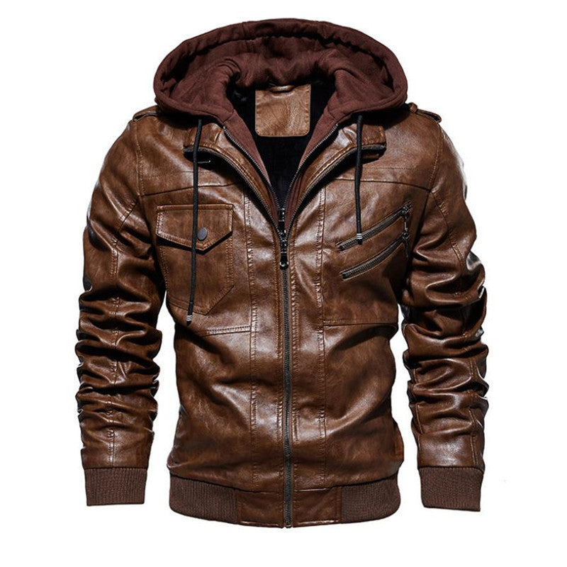 Plus Size PU Washable Hooded Leather Jacket with Zipper