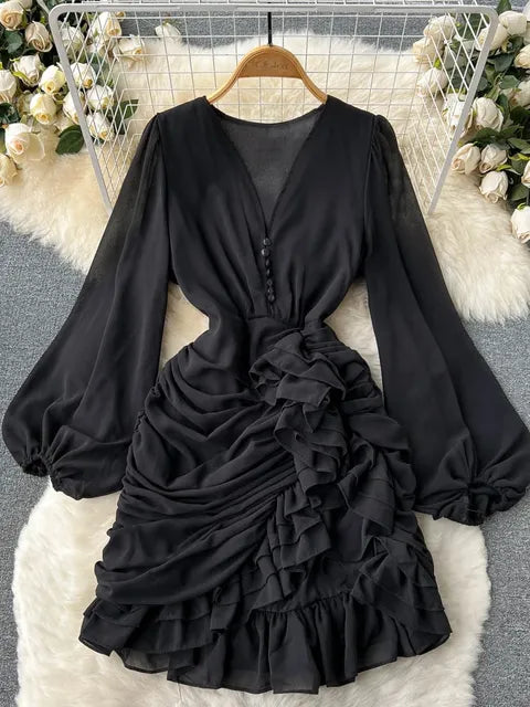 Early Spring V-Neck High-Waist Ruched Dress