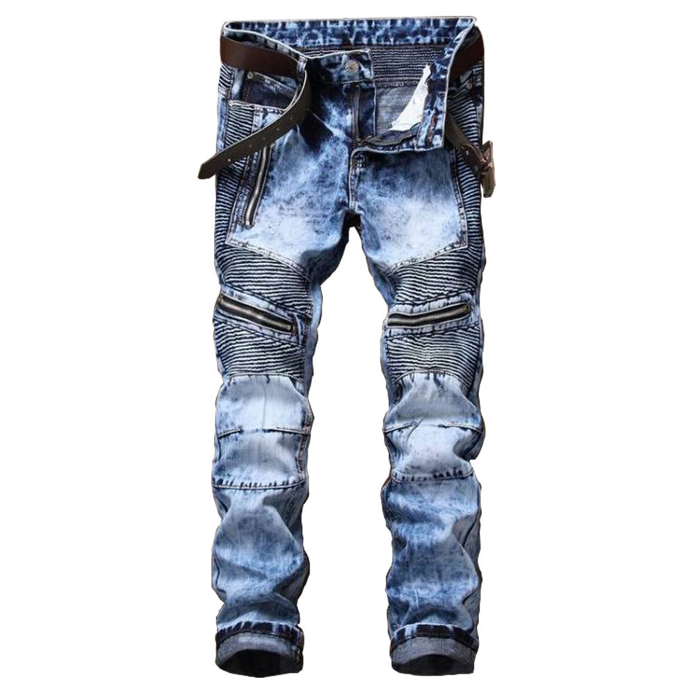 Men's Slim Fit Snowflake Motorcycle Jeans Trousers
