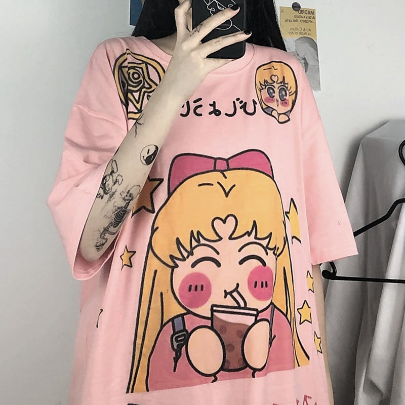 Summer Korean Cartoon Print Loose T-Shirt for Women