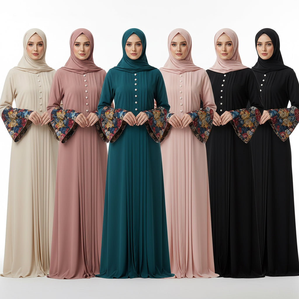 Five women wearing hijabs and long dresses in various colors on a white background