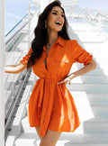 The Chemise Lapel Belted Short Sleeve Shirt Dress | Evarisluxe