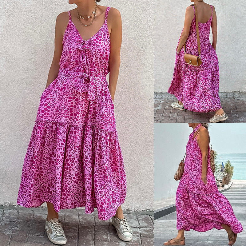 V-neck Printed Suspender Dress for Women