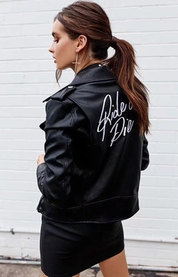 Embroidered Letter PU Leather Jacket