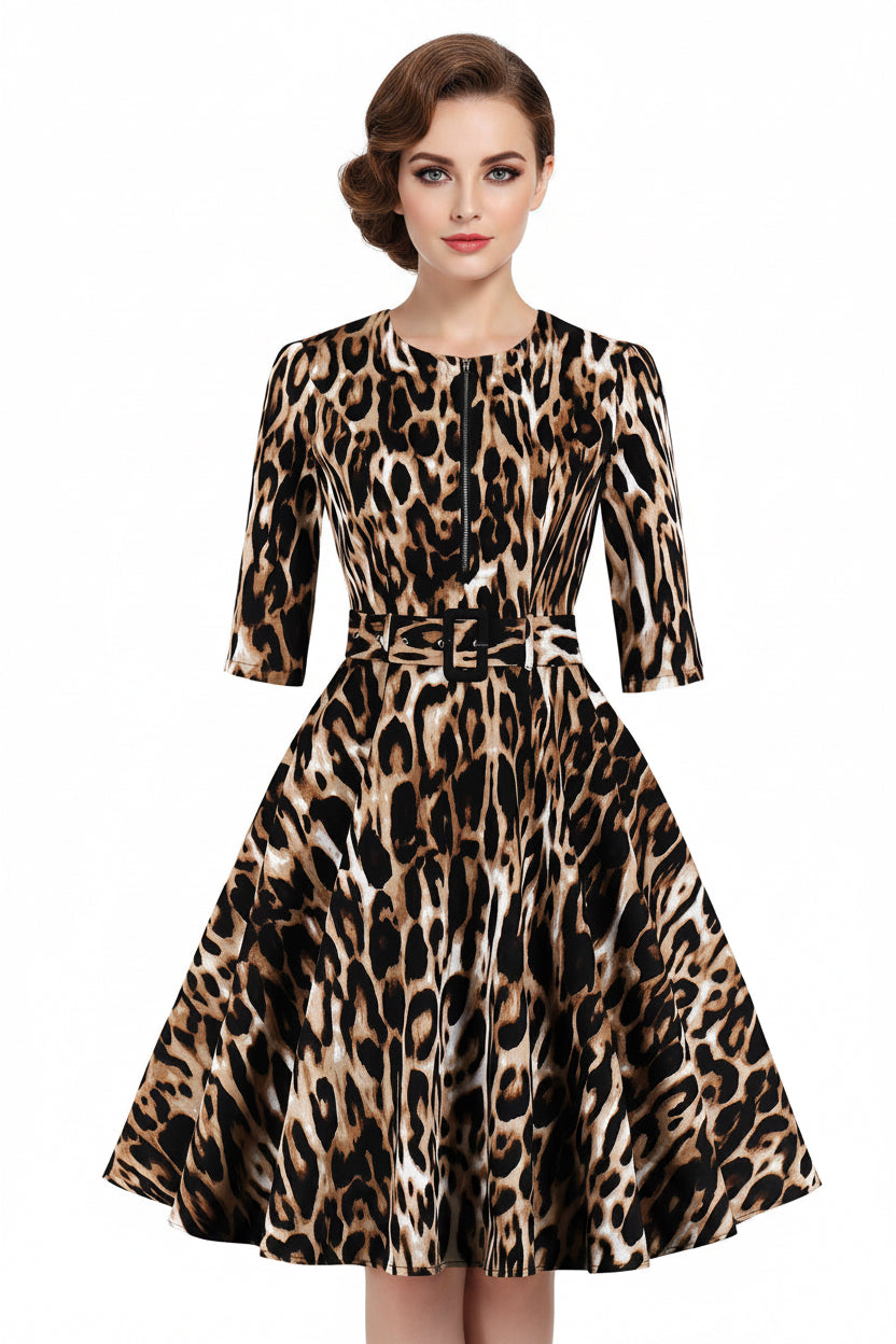 Leopard print dress with a belt on a white background