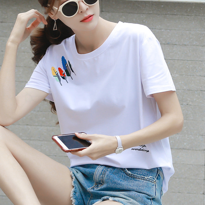 Summer Loose Cotton T-Shirt for Women - Short Sleeve