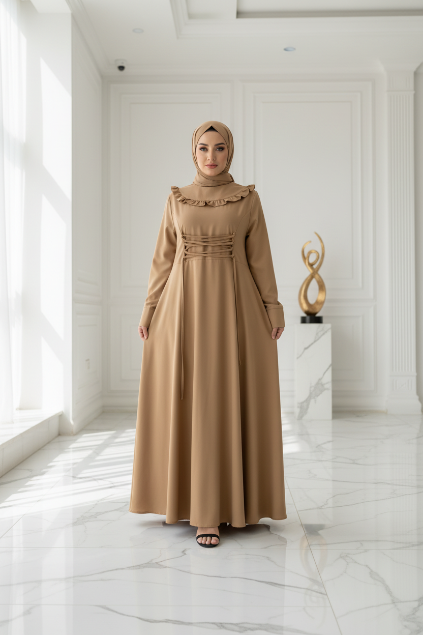 Brown dress with ruffled collar on a white background